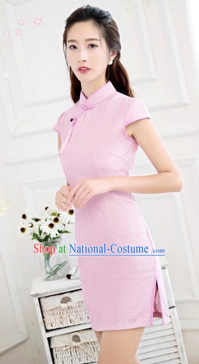 Chinese Traditional Tang Suit Pink Short Qipao Dress National Costume Mandarin Cheongsam for Women