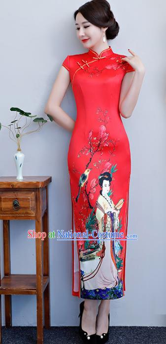 Chinese Traditional Tang Suit Printing Beauty Qipao Dress National Costume Red Silk Mandarin Cheongsam for Women