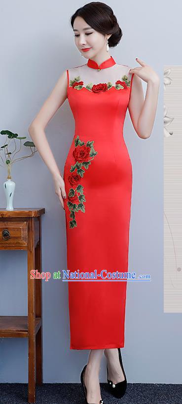 Chinese Traditional Tang Suit Embroidered Peony Qipao Dress National Costume Red Silk Mandarin Cheongsam for Women