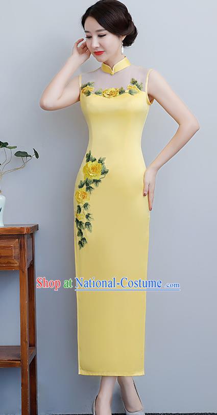 Chinese Traditional Tang Suit Embroidered Peony Qipao Dress National Costume Yellow Silk Mandarin Cheongsam for Women