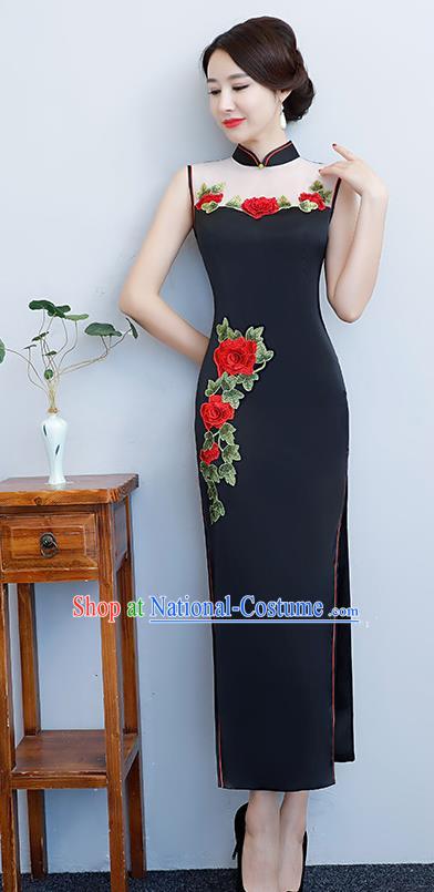 Chinese Traditional Tang Suit Embroidered Peony Qipao Dress National Costume Black Silk Mandarin Cheongsam for Women