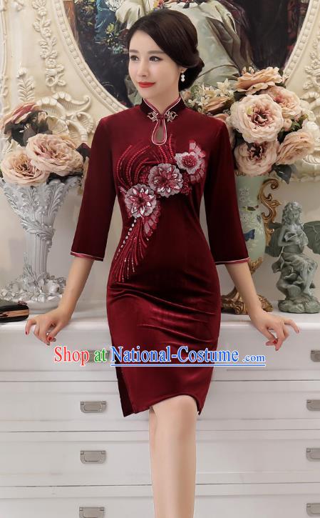 Chinese Traditional Tang Suit Wine Red Velvet Qipao Dress National Costume Retro Mandarin Cheongsam for Women