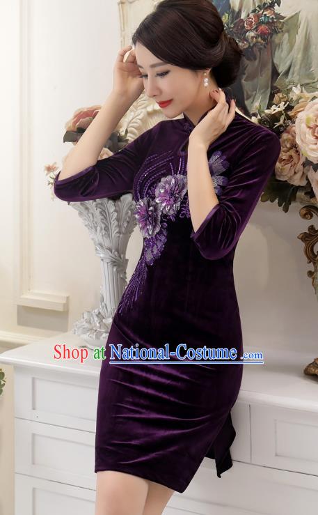 Chinese Traditional Tang Suit Purple Velvet Qipao Dress National Costume Retro Mandarin Cheongsam for Women