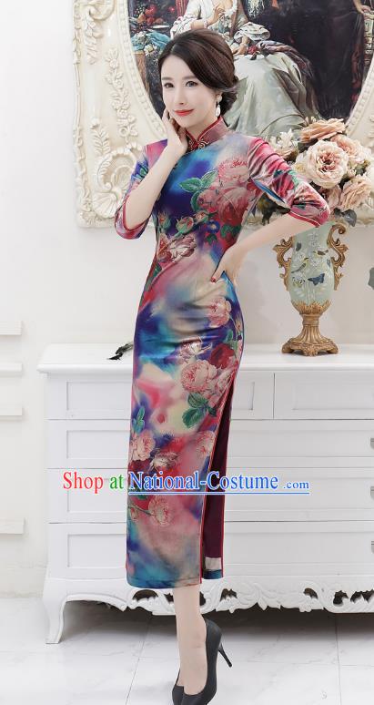 Chinese Traditional Tang Suit Qipao Dress National Costume Retro Printing Mandarin Cheongsam for Women