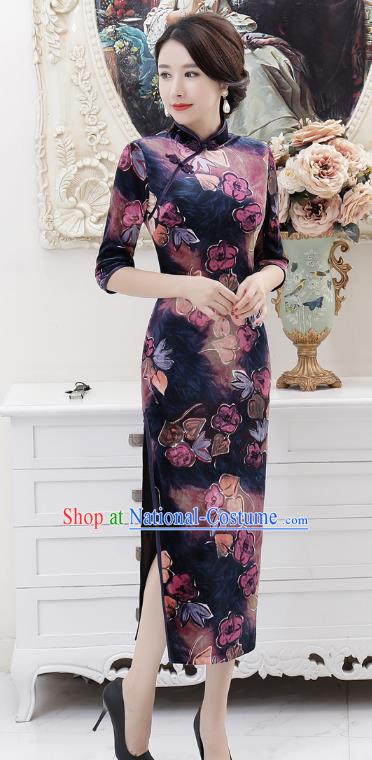 Chinese Traditional Tang Suit Purple Qipao Dress National Costume Retro Printing Mandarin Cheongsam for Women