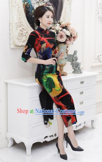 Chinese Traditional Tang Suit Black Qipao Dress National Costume Retro Printing Mandarin Cheongsam for Women