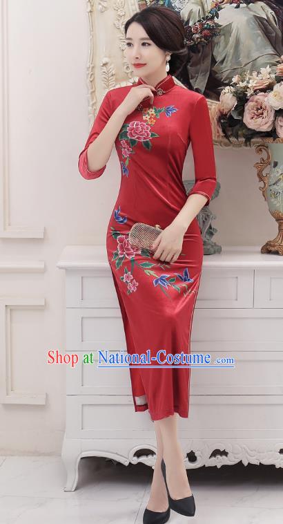 Chinese Traditional Tang Suit Red Silk Qipao Dress National Costume Retro Printing Mandarin Cheongsam for Women