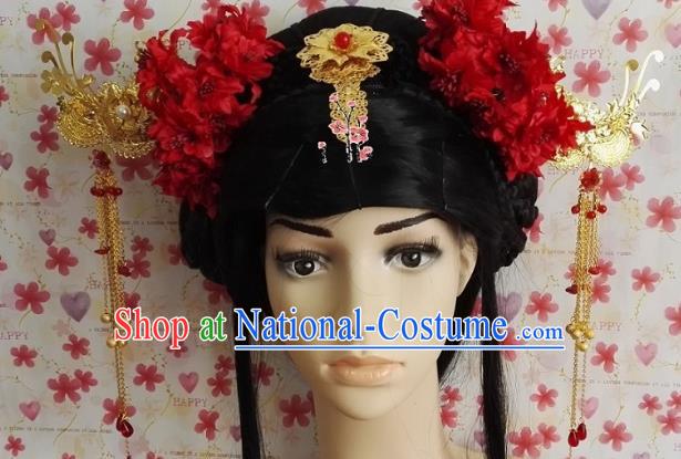 Traditional Chinese Ancient Princess Hair Accessories Red Flowers Hairpins Complete Set for Women