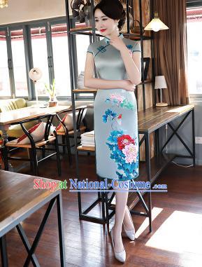 Chinese Traditional Printing Peony Mandarin Qipao Dress National Costume Tang Suit Blue Silk Cheongsam for Women