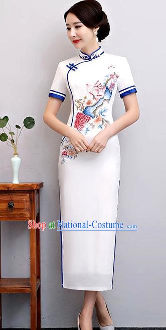 Chinese Traditional Printing Lotus Mandarin Qipao Dress National Costume Tang Suit Cheongsam for Women