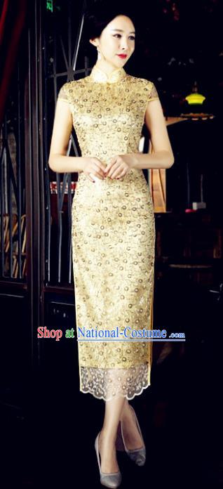 Chinese Traditional Mandarin Qipao Dress National Costume Tang Suit Yellow Cheongsam for Women