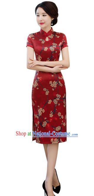 Chinese Traditional Printing Plum Blossom Mandarin Qipao Dress National Costume Tang Suit Cheongsam for Women