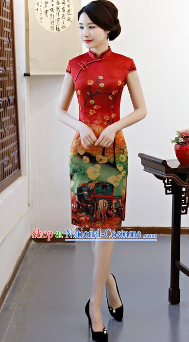 Chinese Traditional Printing Red Qipao Dress National Costume Tang Suit Mandarin Cheongsam for Women