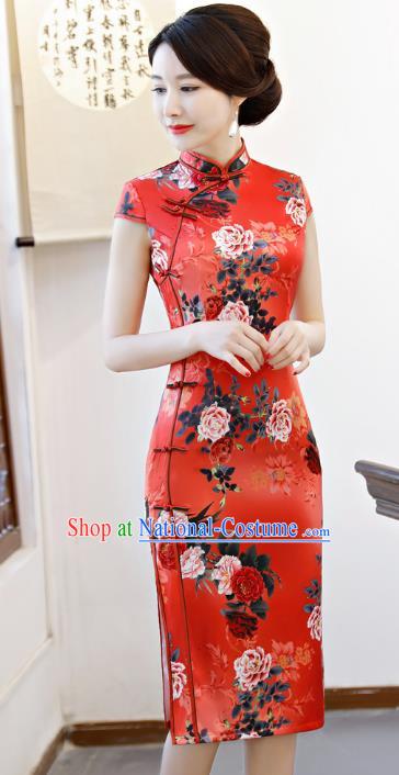 Chinese Traditional Printing Peony Red Qipao Dress National Costume Tang Suit Mandarin Cheongsam for Women