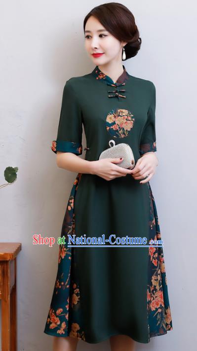 Chinese Traditional Green Qipao Dress National Costume Tang Suit Mandarin Cheongsam for Women