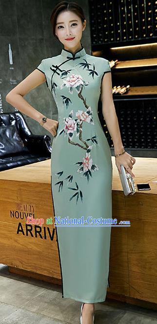 Chinese Traditional Tang Suit Qipao Dress National Costume Printing Green Mandarin Cheongsam for Women