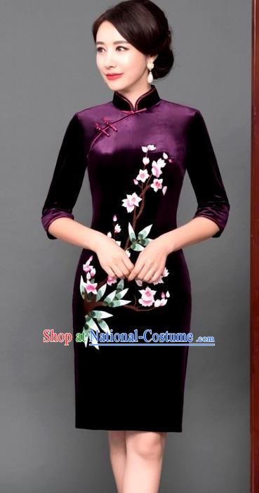 Chinese Traditional Tang Suit Qipao Dress National Costume Purple Pleuche Mandarin Cheongsam for Women