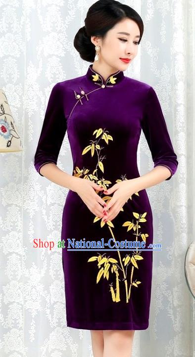 Chinese Traditional Tang Suit Qipao Dress National Costume Printing Bamboo Pleuche Mandarin Cheongsam for Women