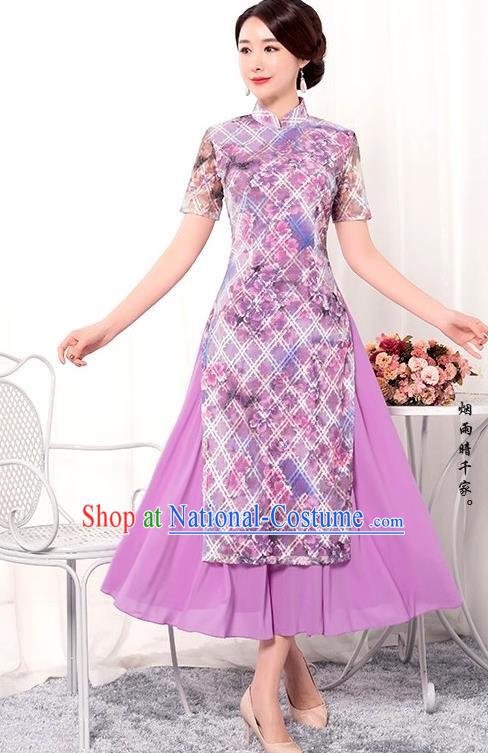 Chinese Traditional Tang Suit Qipao Dress National Costume Printing Purple Mandarin Cheongsam for Women