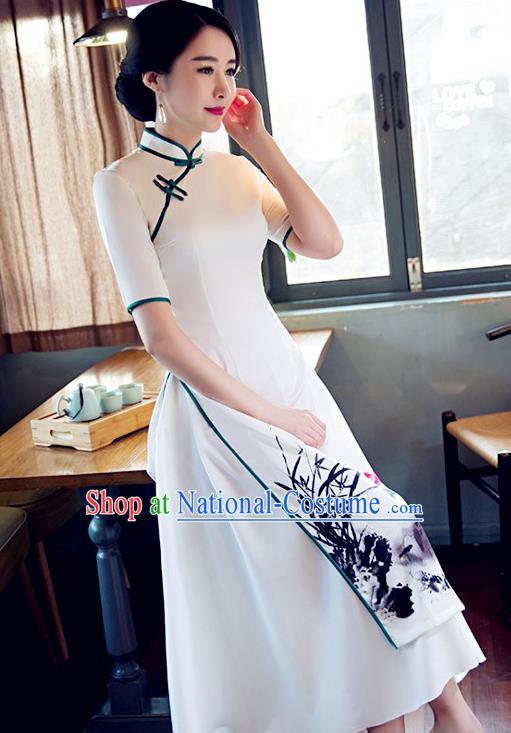 Chinese Traditional Tang Suit Qipao Dress National Costume Printing Orchid Mandarin Cheongsam for Women