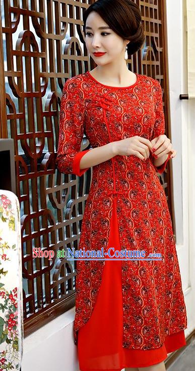 Chinese Traditional Tang Suit Red Qipao Dress National Costume Chiffon Mandarin Cheongsam for Women