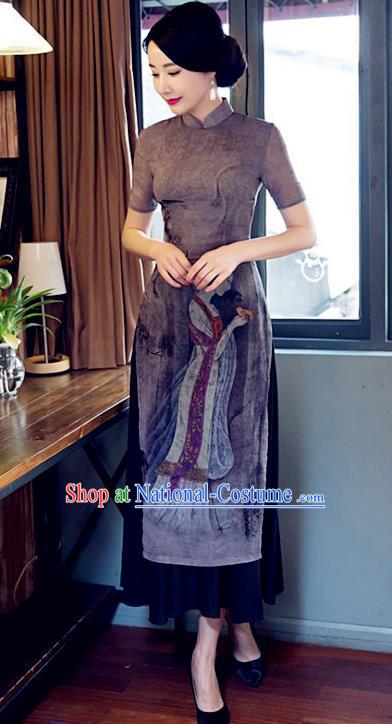 Chinese Traditional Tang Suit Printing Qipao Dress National Costume Mandarin Cheongsam for Women