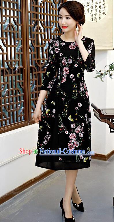 Chinese Traditional Tang Suit Black Qipao Dress National Costume Chiffon Mandarin Cheongsam for Women