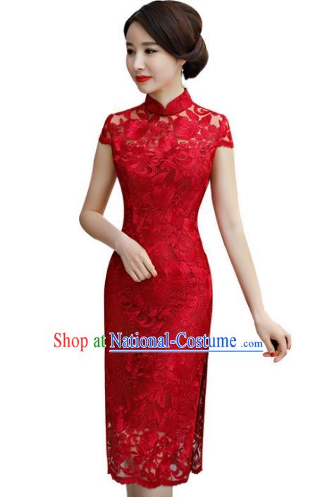 Chinese Traditional Tang Suit Red Lace Qipao Dress National Costume Mandarin Cheongsam for Women