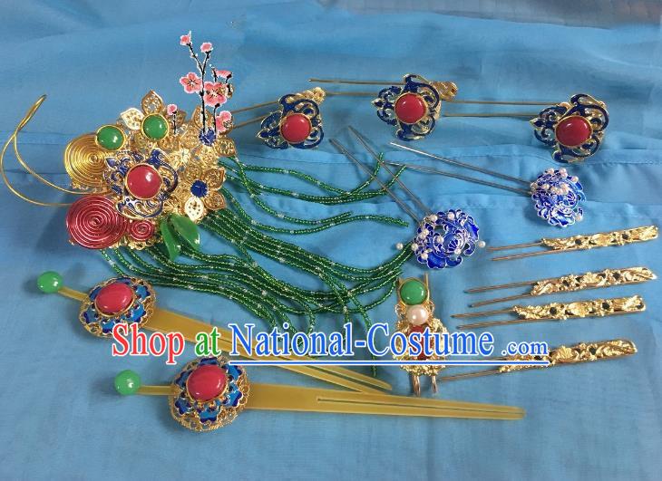 Traditional Chinese Ancient Palace Lady Hair Accessories Blueing Hairpins Phoenix Coronet Complete Set for Women