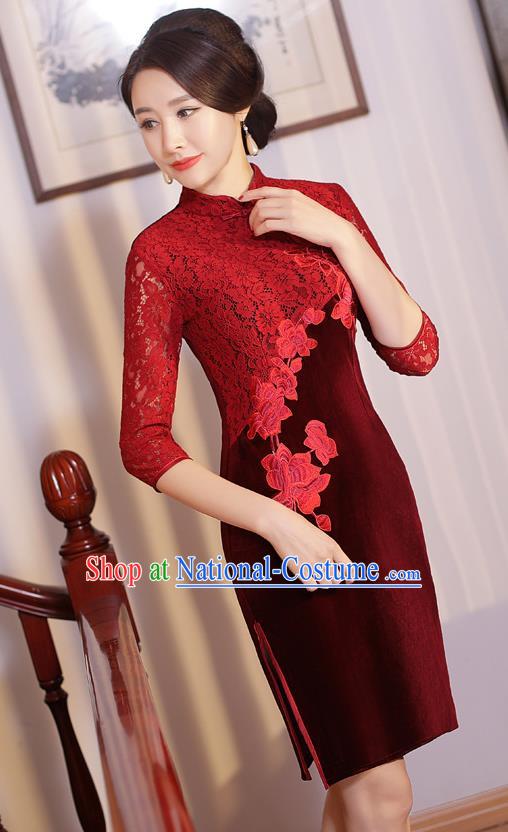 Chinese Traditional Tang Suit Embroidered Qipao Dress National Costume Retro Red Lace Mandarin Cheongsam for Women