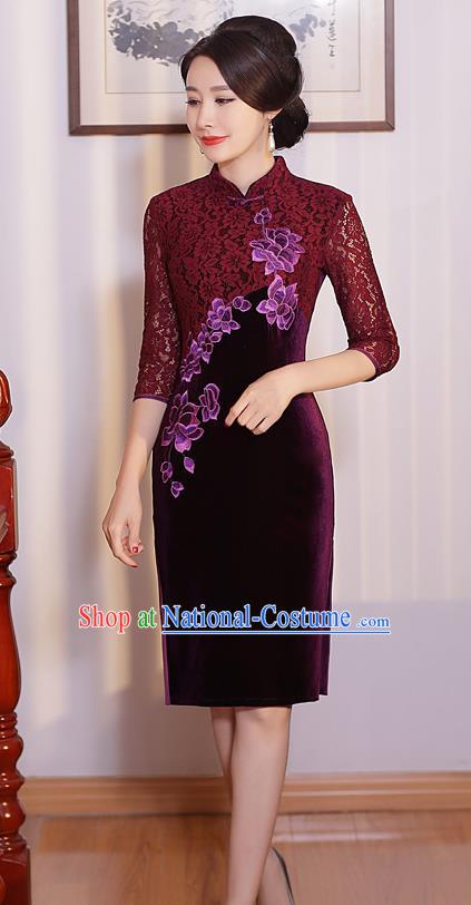 Chinese Traditional Tang Suit Embroidered Qipao Dress National Costume Retro Purple Lace Mandarin Cheongsam for Women