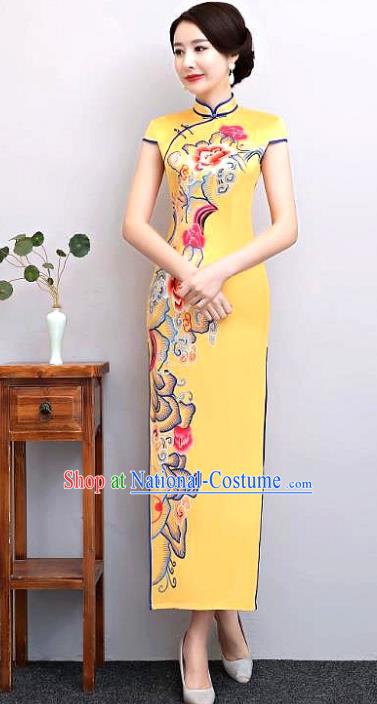 Chinese Traditional Tang Suit Printing Silk Qipao Dress National Costume Retro Yellow Mandarin Cheongsam for Women