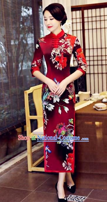 Chinese Traditional Tang Suit Printing Watered Gauze Qipao Dress National Costume Wine Red Mandarin Cheongsam for Women