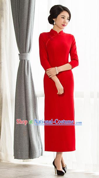 Chinese Traditional Tang Suit Red Wool Qipao Dress National Costume Mandarin Cheongsam for Women