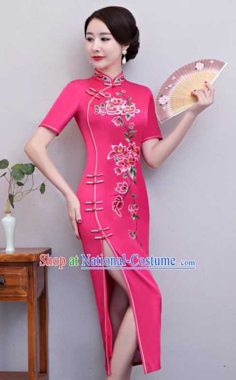 Chinese Traditional Tang Suit Embroidered Rosy Qipao Dress National Costume Mandarin Cheongsam for Women