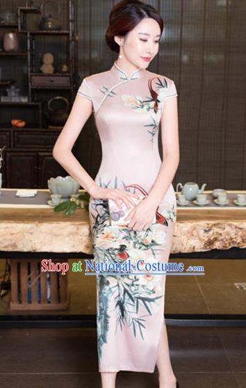 Chinese Traditional Tang Suit Printing Flowers Qipao Dress National Costume Pink Silk Mandarin Cheongsam for Women