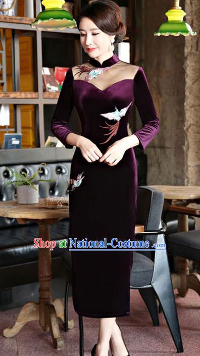 Chinese Traditional Tang Suit Embroidered Crane Qipao Dress National Costume Purple Mandarin Cheongsam for Women