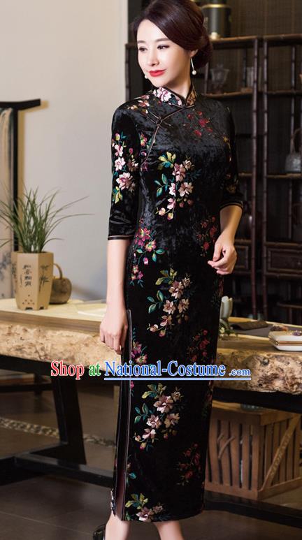 Chinese Traditional Tang Suit Black Velvet Qipao Dress National Costume Mandarin Cheongsam for Women