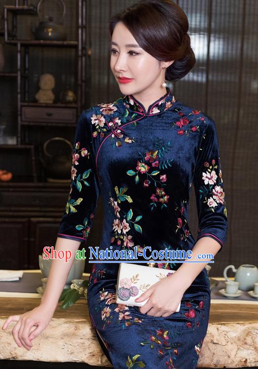 Chinese Traditional Tang Suit Navy Velvet Qipao Dress National Costume Mandarin Cheongsam for Women