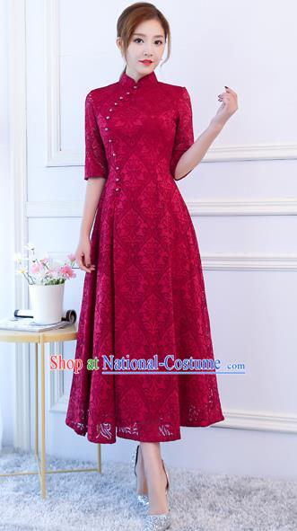 Top Grade Chinese Traditional Wine Red Lace Qipao Dress National Costume Tang Suit Mandarin Cheongsam for Women