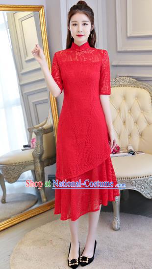 Top Grade Chinese Traditional Red Lace Qipao Dress National Costume Tang Suit Mandarin Cheongsam for Women