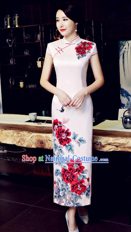 Chinese Traditional Tang Suit Qipao Dress National Costume Printing Flowers Pink Mandarin Cheongsam for Women