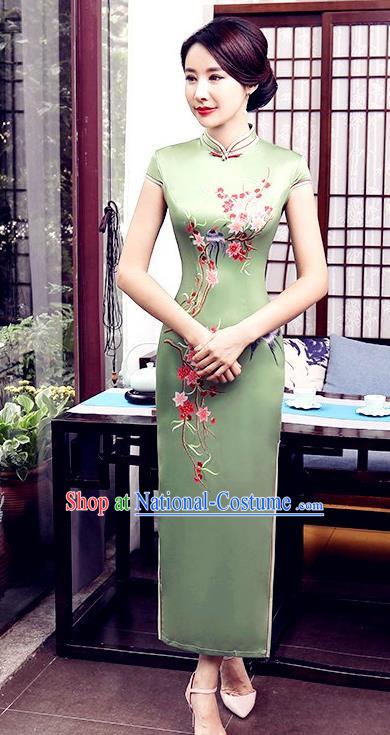 Chinese Traditional Tang Suit Qipao Dress National Costume Printing Birds Green Mandarin Cheongsam for Women