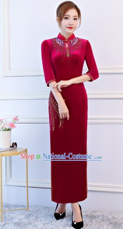 Top Grade Chinese Traditional Red Velvet Qipao Dress National Costume Tang Suit Mandarin Cheongsam for Women