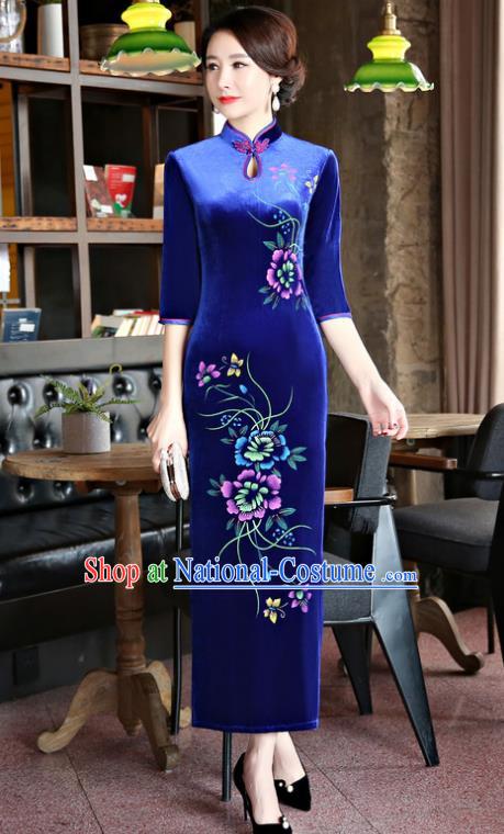 Top Grade Chinese Traditional Blue Velvet Qipao Dress National Costume Tang Suit Mandarin Cheongsam for Women