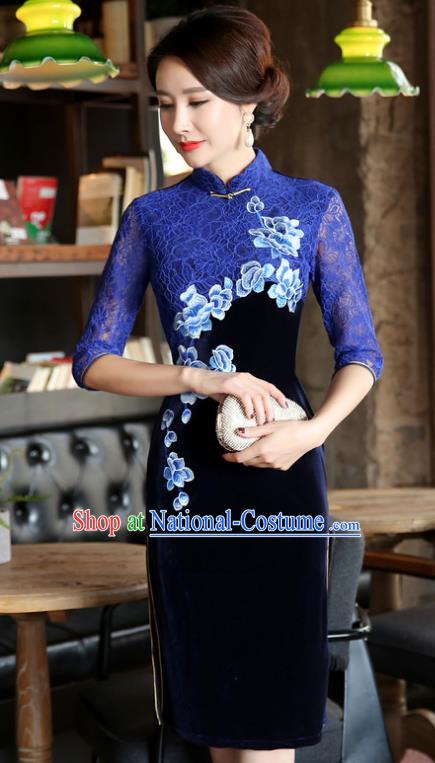 Top Grade Chinese Traditional Blue Lace Qipao Dress National Costume Tang Suit Mandarin Cheongsam for Women