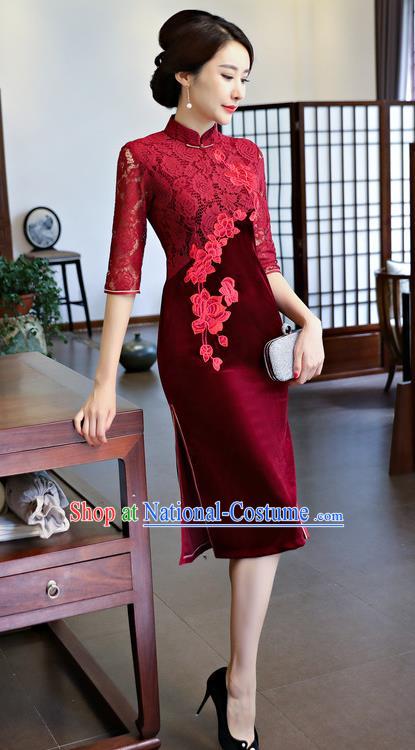 Top Grade Chinese Traditional Red Lace Qipao Dress National Costume Tang Suit Mandarin Cheongsam for Women