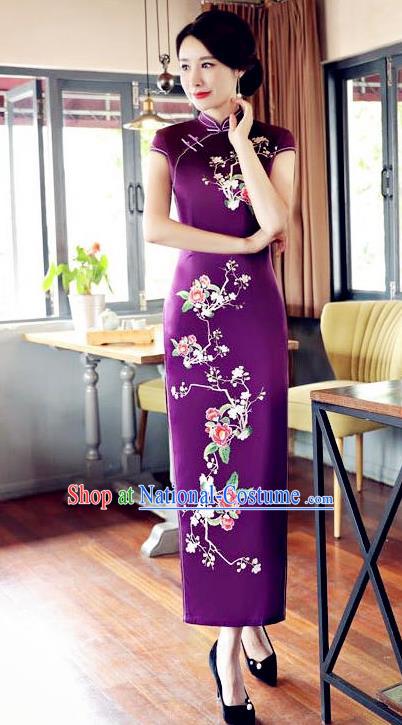 Top Grade Chinese Traditional Printing Flowers Qipao Dress National Costume Tang Suit Purple Silk Mandarin Cheongsam for Women