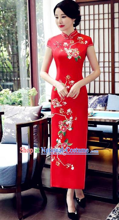 Top Grade Chinese Traditional Printing Flowers Qipao Dress National Costume Tang Suit Red Silk Mandarin Cheongsam for Women