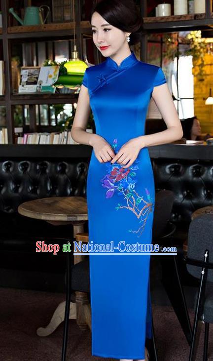 Top Grade Chinese Traditional Printing Orchid Qipao Dress National Costume Blue Silk Mandarin Cheongsam for Women